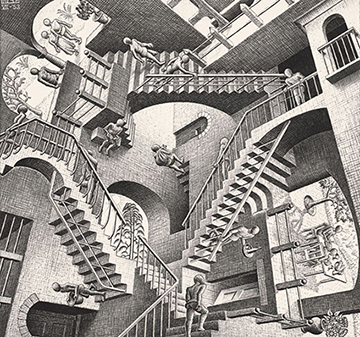 Opera di Escher con illusioni ottiche e giochi visivi